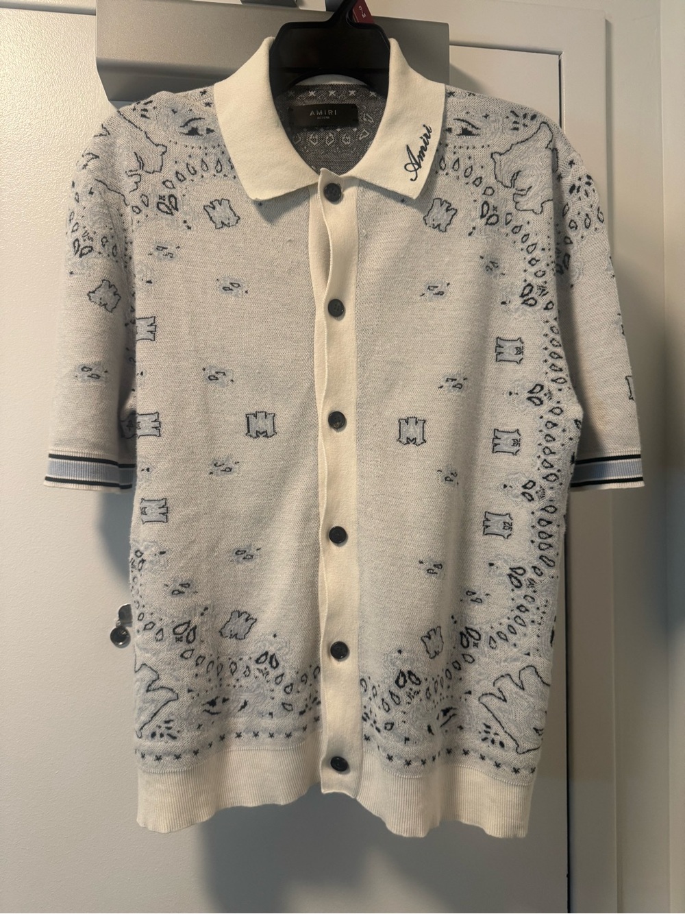 AMIRI White Short-Sleeve Button Cardigan with Navy Bandana Motif